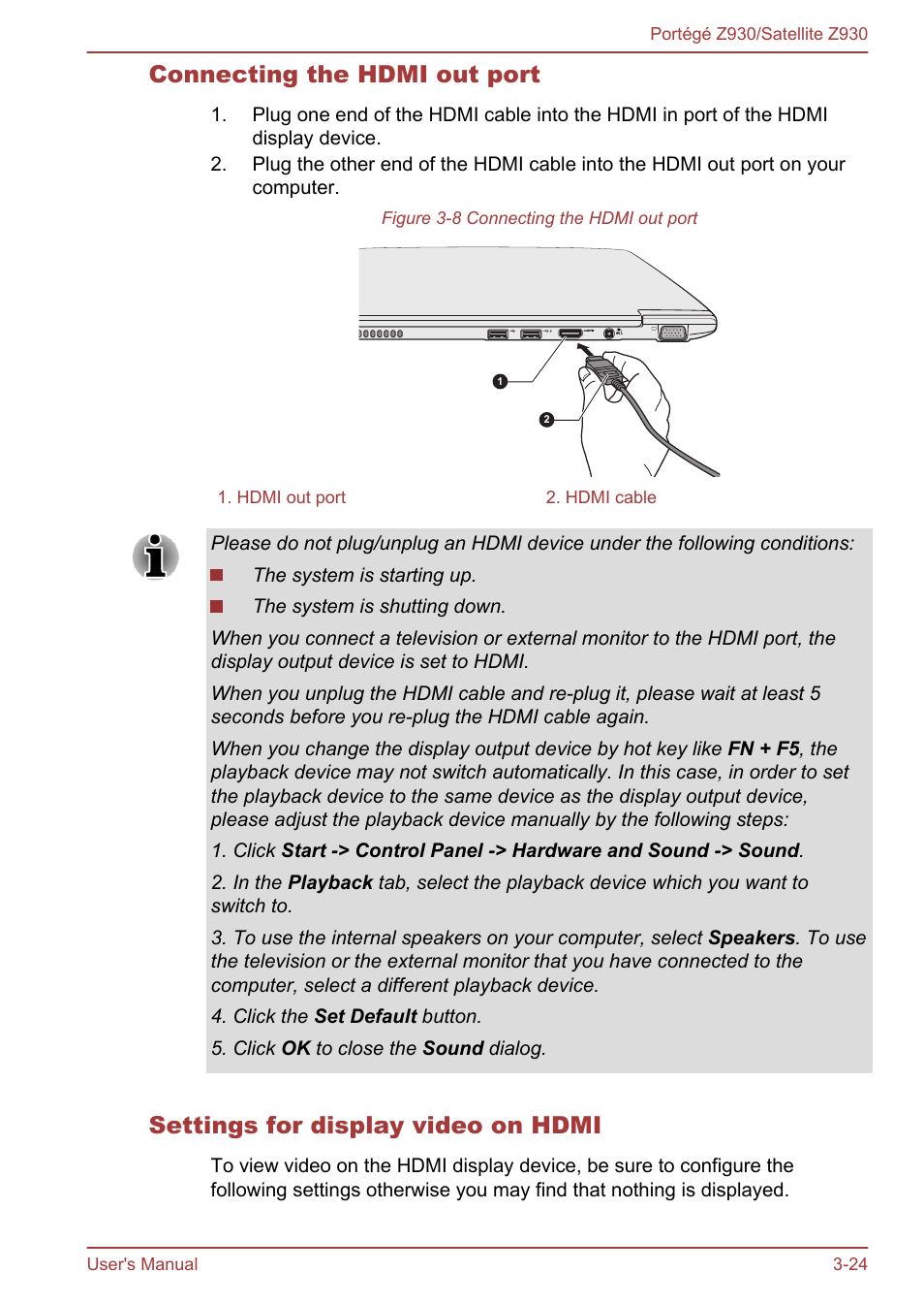 Connecting the hdmi out port, Settings for display video on hdmi | Toshiba Portege Z930-B User Manual | Page 61 / 132