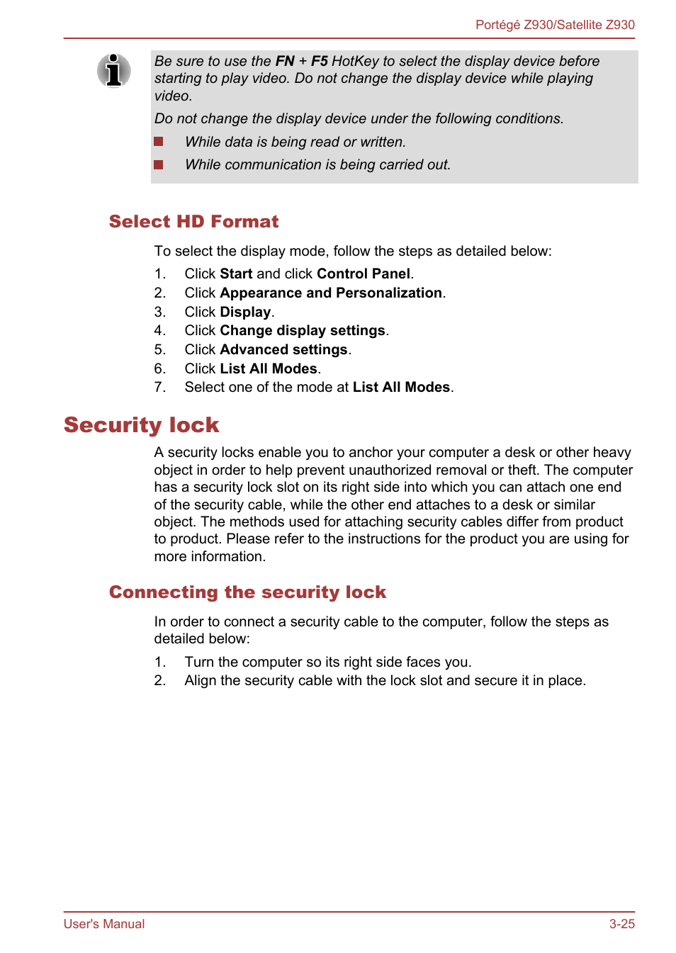 Select hd format, Security lock, Connecting the security lock | Security lock -25 | Toshiba Portege Z930-B User Manual | Page 62 / 132