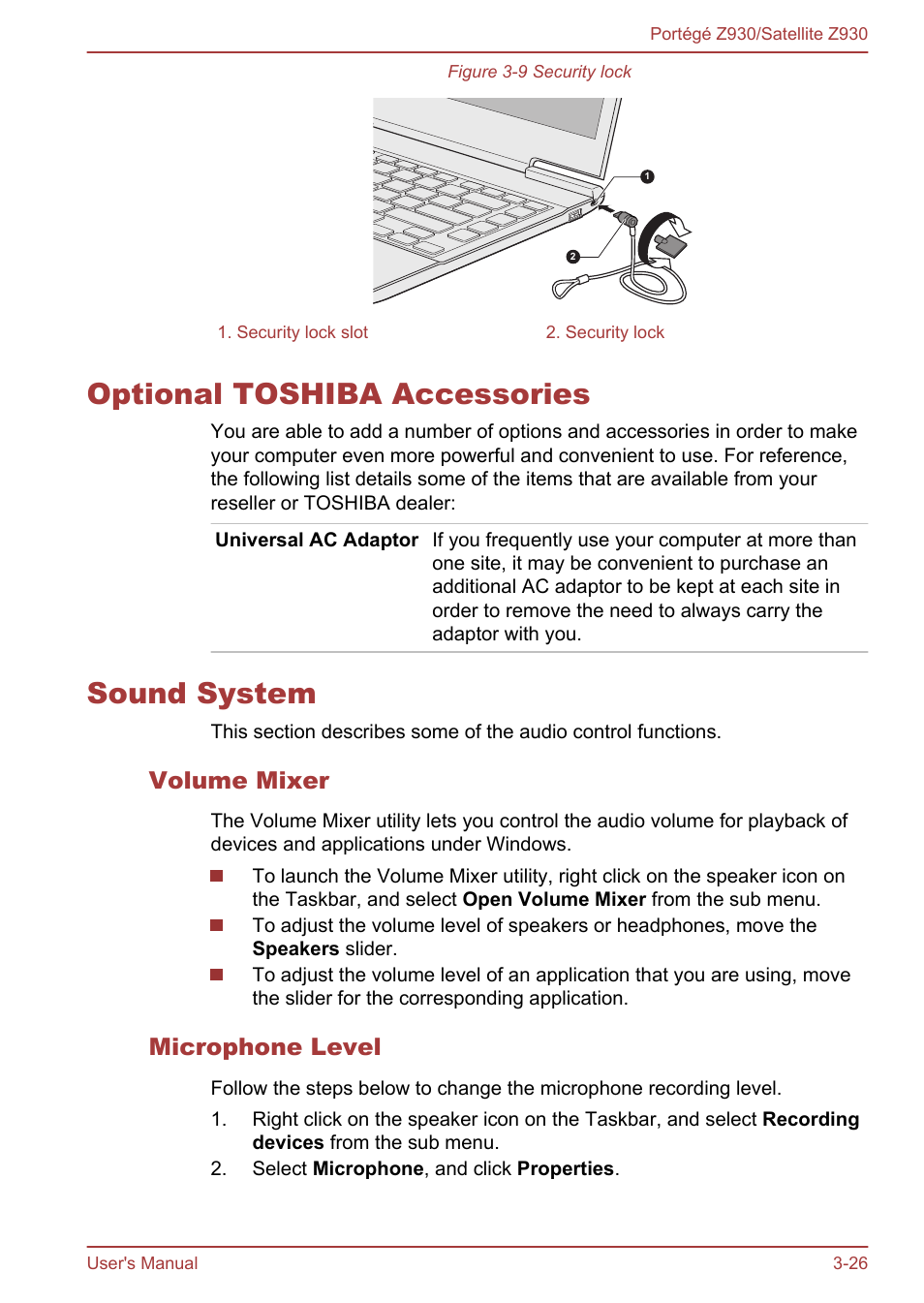 Optional toshiba accessories, Sound system, Volume mixer | Microphone level, Optional toshiba accessories -26 sound system -26, To the, Section in chapter 3 | Toshiba Portege Z930-B User Manual | Page 63 / 132