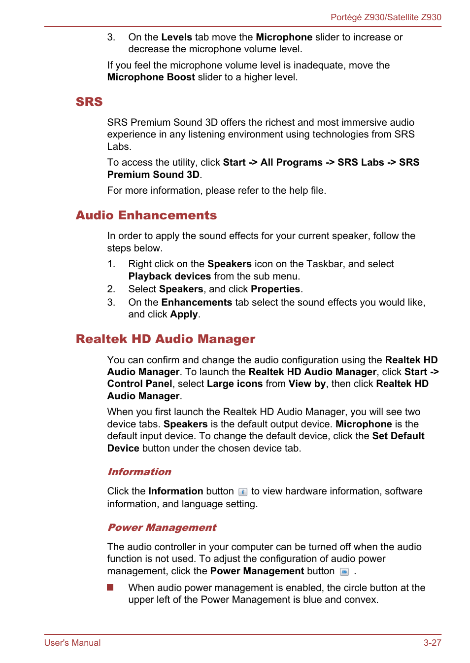 Audio enhancements, Realtek hd audio manager | Toshiba Portege Z930-B User Manual | Page 64 / 132