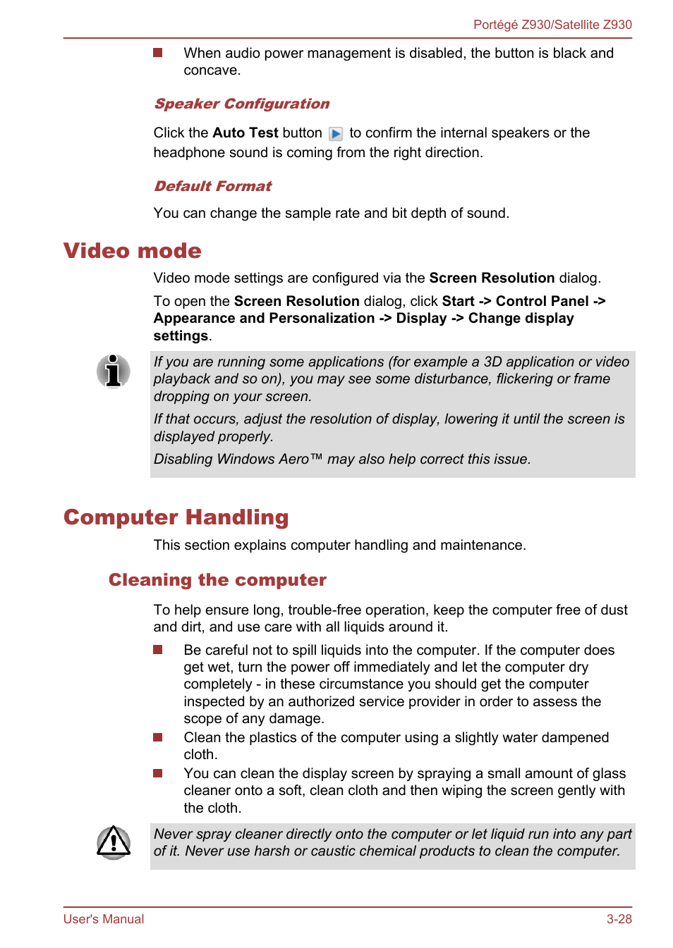 Video mode, Computer handling, Cleaning the computer | Video mode -28 computer handling -28 | Toshiba Portege Z930-B User Manual | Page 65 / 132