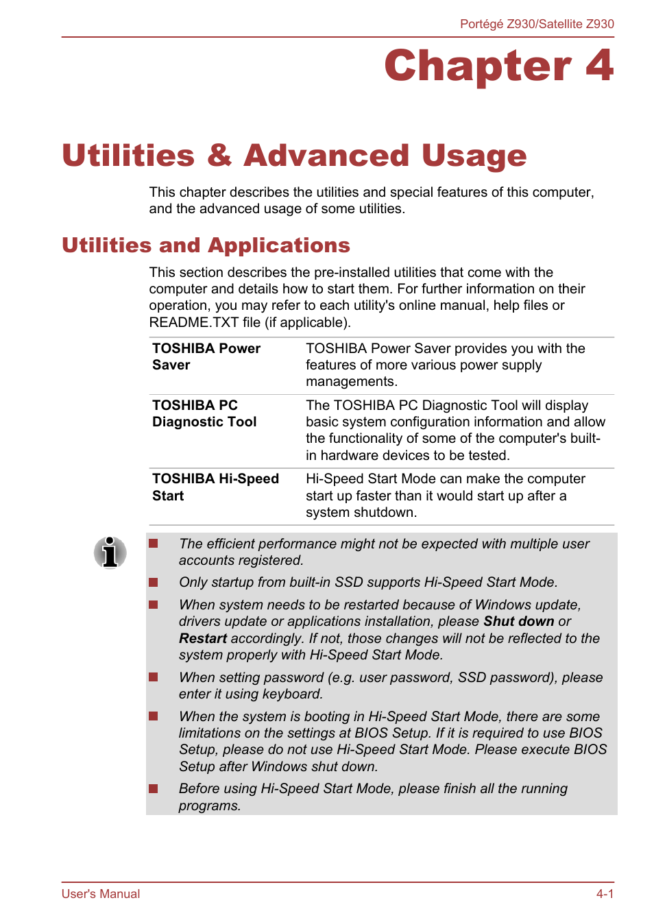 Chapter 4 utilities & advanced usage, Utilities and applications, Chapter 4 | Utilities & advanced usage, Utilities and applications -1 | Toshiba Portege Z930-B User Manual | Page 67 / 132