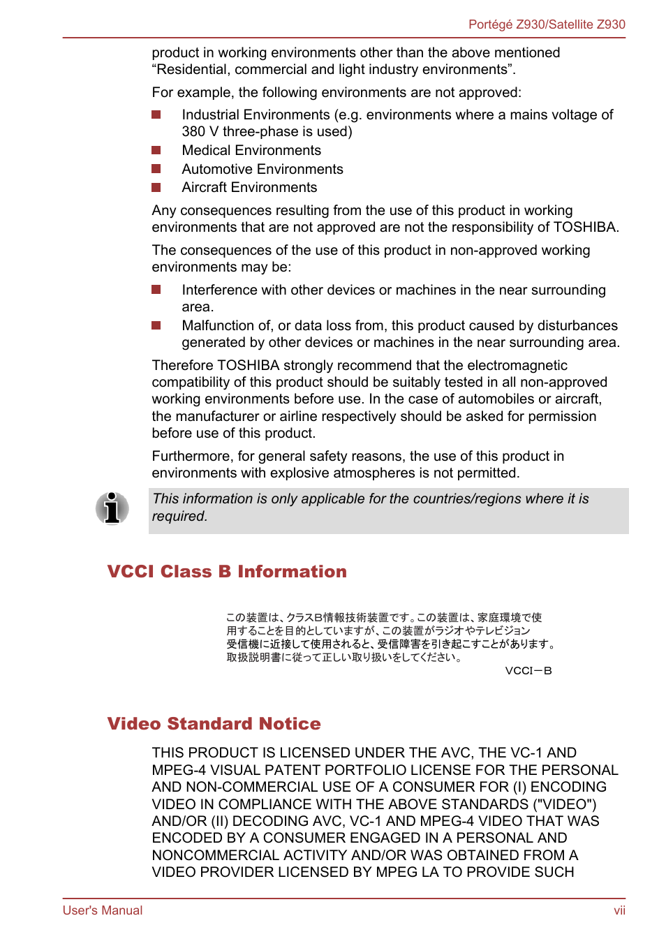 Vcci class b information, Video standard notice | Toshiba Portege Z930-B User Manual | Page 7 / 132