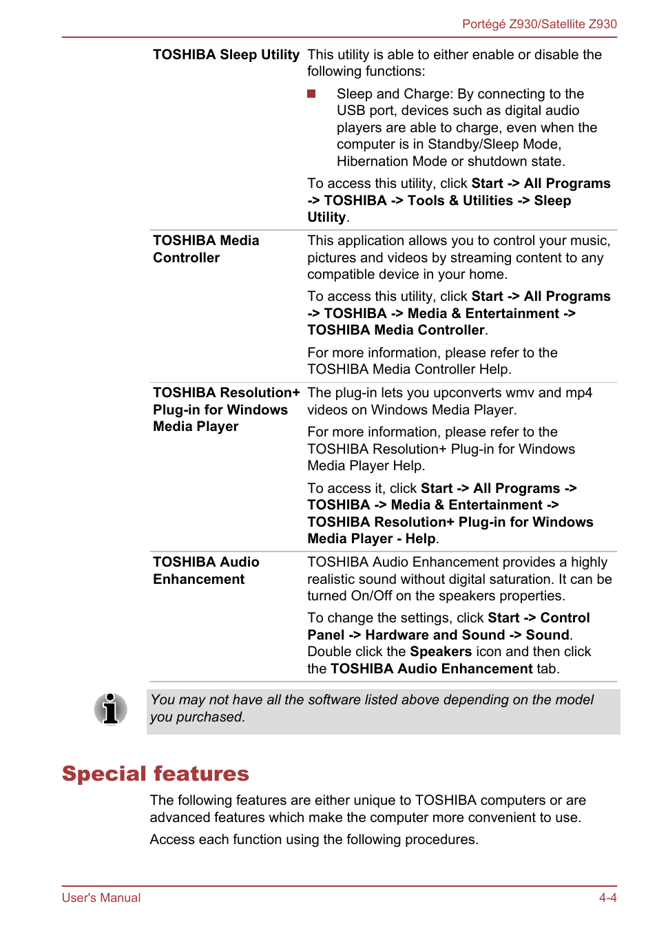 Special features, Special features -4 | Toshiba Portege Z930-B User Manual | Page 70 / 132