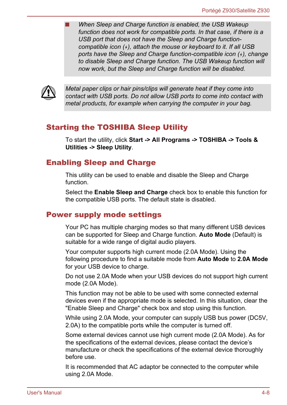 Starting the toshiba sleep utility, Enabling sleep and charge, Power supply mode settings | Toshiba Portege Z930-B User Manual | Page 74 / 132