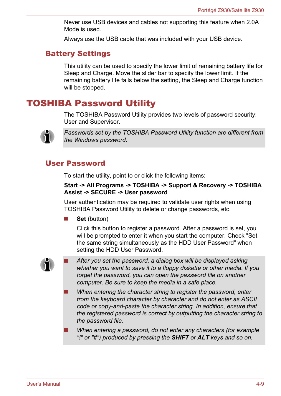 Battery settings, Toshiba password utility, User password | Toshiba password utility -9 | Toshiba Portege Z930-B User Manual | Page 75 / 132