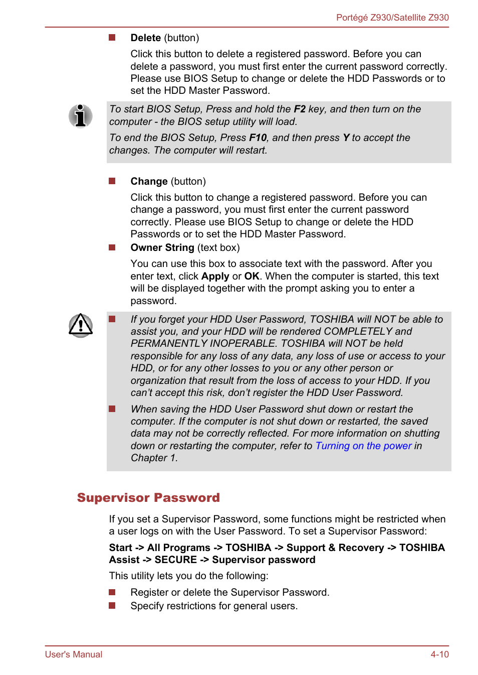 Supervisor password | Toshiba Portege Z930-B User Manual | Page 76 / 132