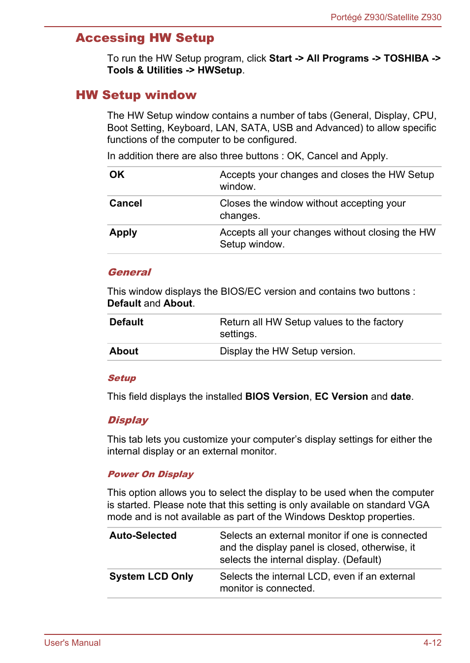 Accessing hw setup, Hw setup window | Toshiba Portege Z930-B User Manual | Page 78 / 132