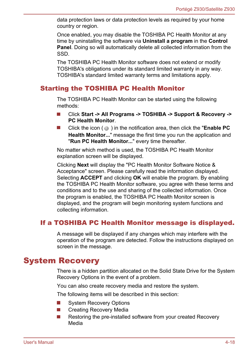 Starting the toshiba pc health monitor, System recovery, System recovery -18 | Toshiba Portege Z930-B User Manual | Page 84 / 132