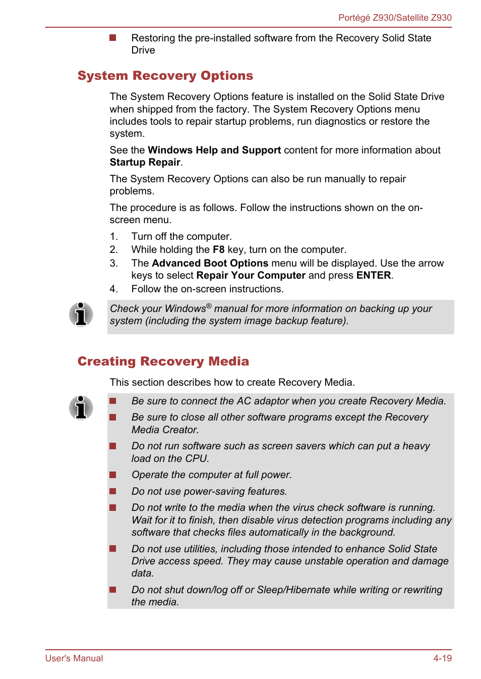 System recovery options, Creating recovery media | Toshiba Portege Z930-B User Manual | Page 85 / 132