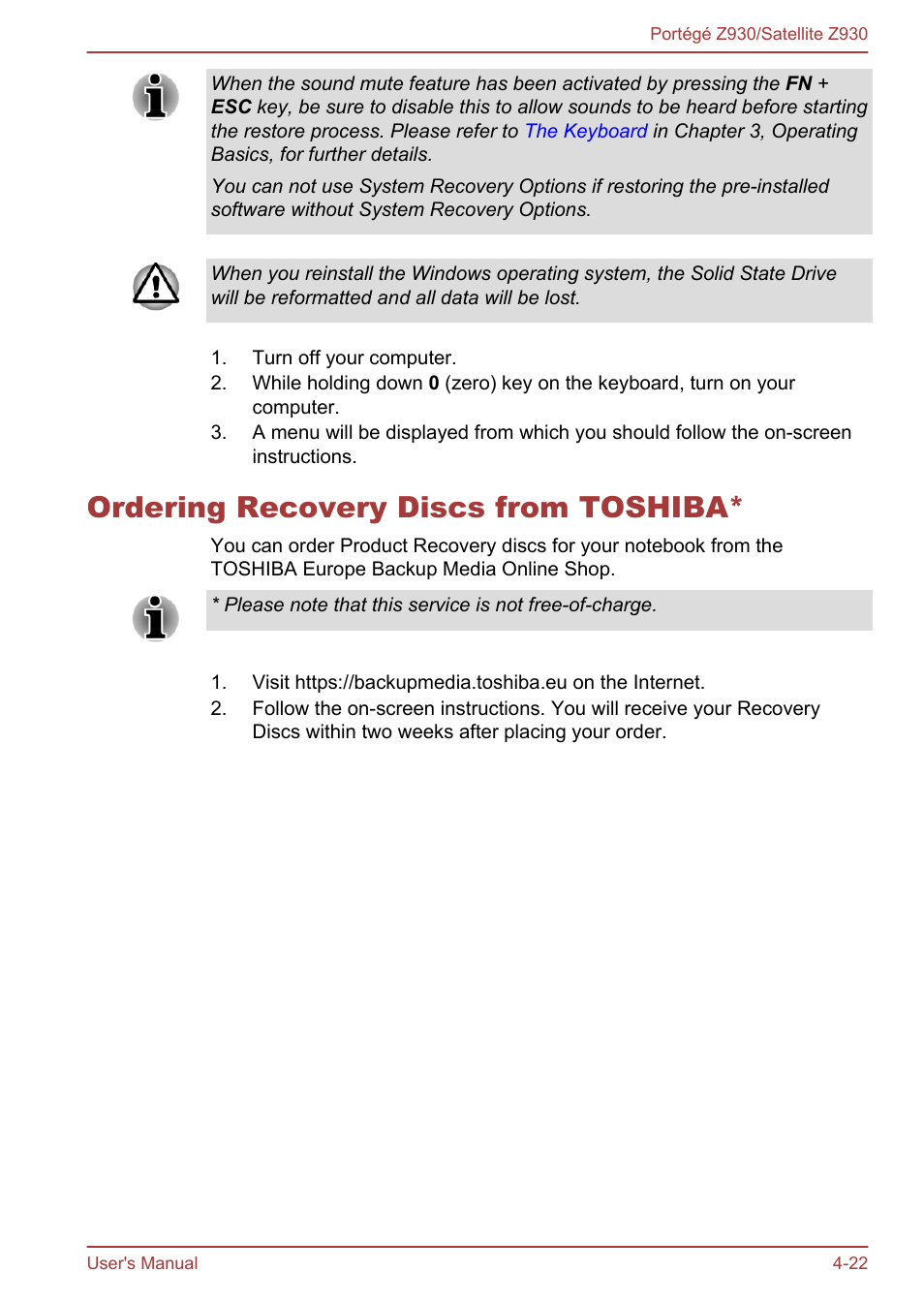 Ordering recovery discs from toshiba, Ordering recovery discs from toshiba* -22 | Toshiba Portege Z930-B User Manual | Page 88 / 132