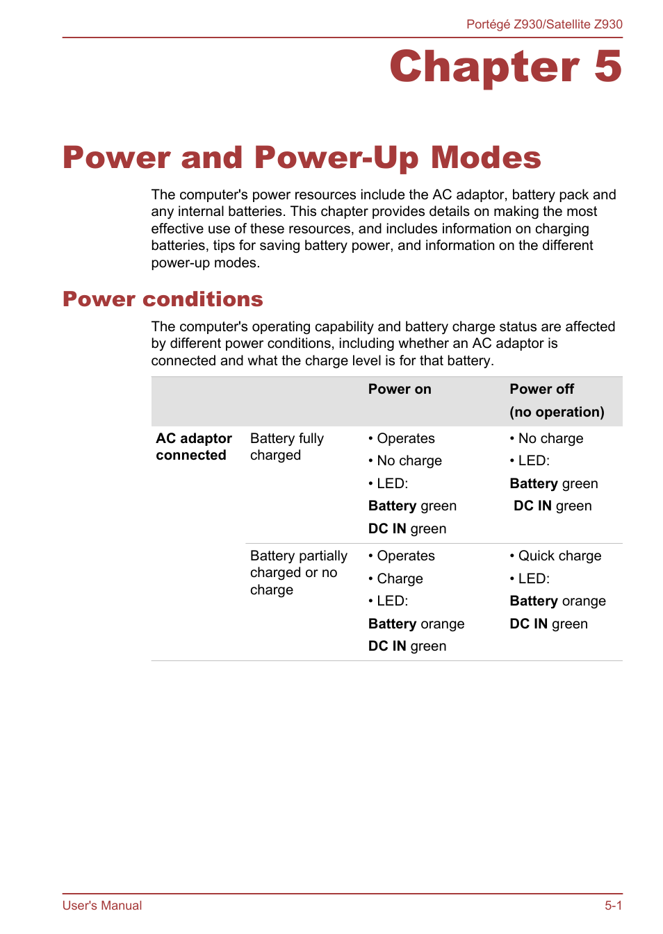 Chapter 5 power and power-up modes, Power conditions, Chapter 5 | Power and power-up modes, Power conditions -1, Please refer to chapter 5, Power and power-up, Modes, For more information on this feature | Toshiba Portege Z930-B User Manual | Page 89 / 132