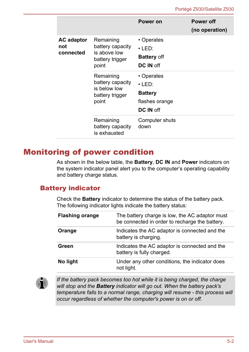 Monitoring of power condition, Battery indicator, Monitoring of power condition -2 | Toshiba Portege Z930-B User Manual | Page 90 / 132