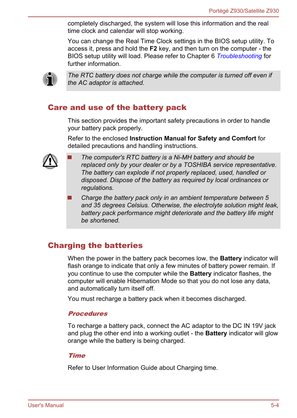 Care and use of the battery pack, Charging the batteries | Toshiba Portege Z930-B User Manual | Page 92 / 132