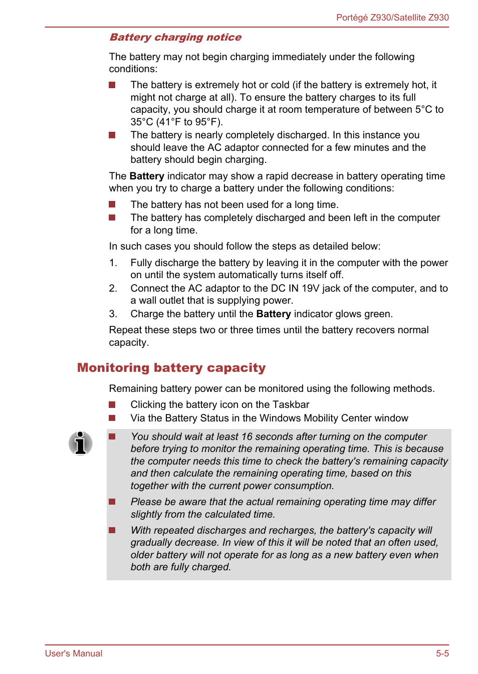 Monitoring battery capacity | Toshiba Portege Z930-B User Manual | Page 93 / 132