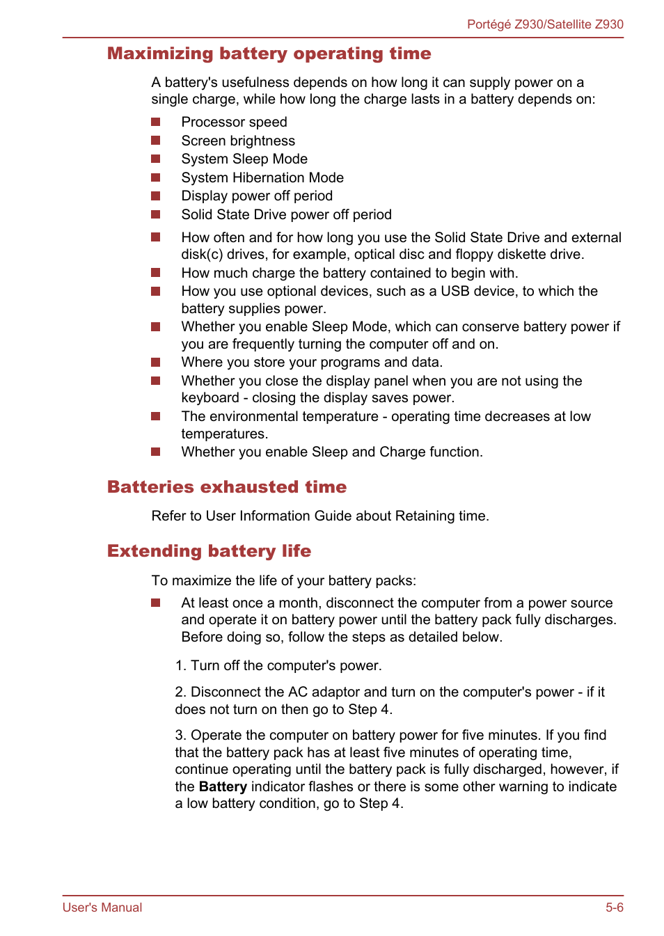 Maximizing battery operating time, Batteries exhausted time, Extending battery life | Toshiba Portege Z930-B User Manual | Page 94 / 132