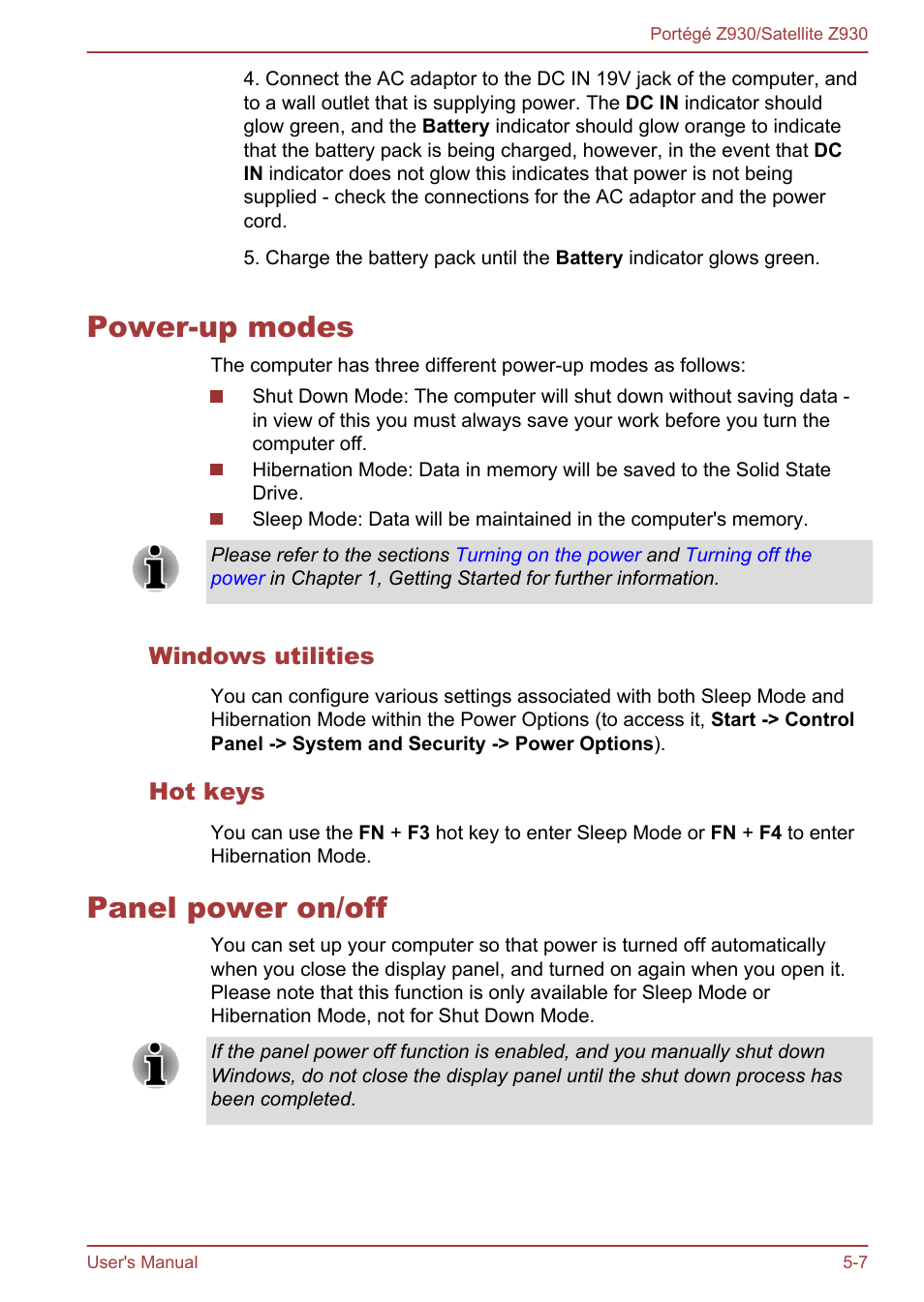 Power-up modes, Windows utilities, Hot keys | Panel power on/off, Power-up modes -7 panel power on/off -7 | Toshiba Portege Z930-B User Manual | Page 95 / 132