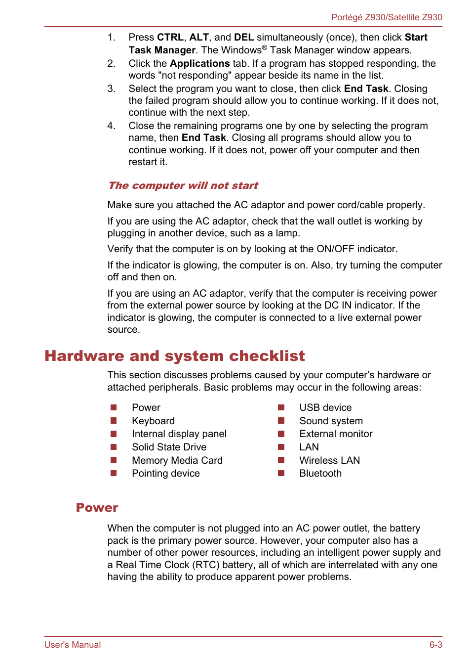 Hardware and system checklist, Power, Hardware and system checklist -3 | Toshiba Portege Z930-B User Manual | Page 99 / 132