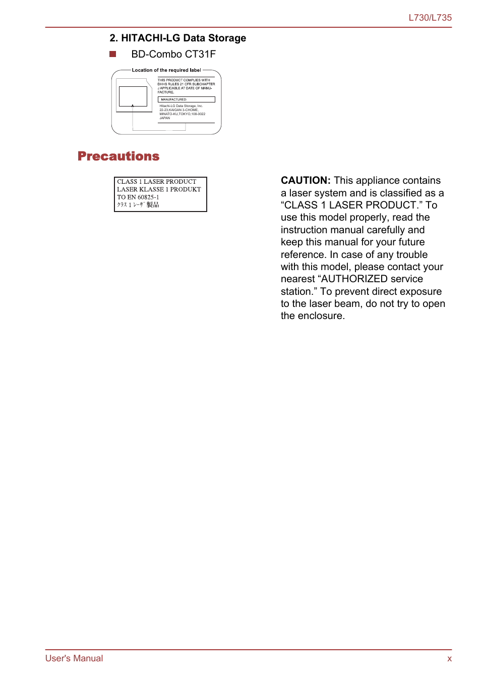 Precautions, Hitachi-lg data storage bd-combo ct31f | Toshiba Satellite L730 User Manual | Page 10 / 161