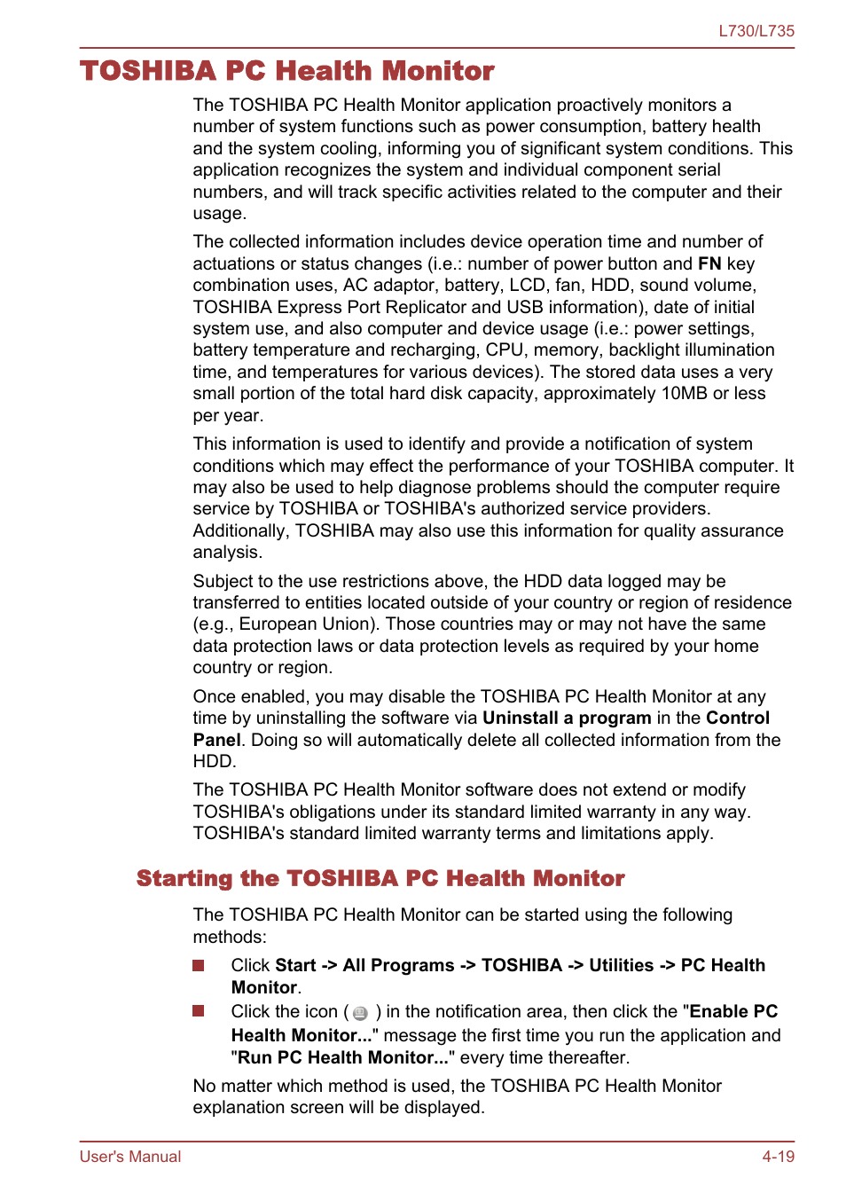 Toshiba pc health monitor, Starting the toshiba pc health monitor, Toshiba pc health monitor -19 | Toshiba Satellite L730 User Manual | Page 103 / 161