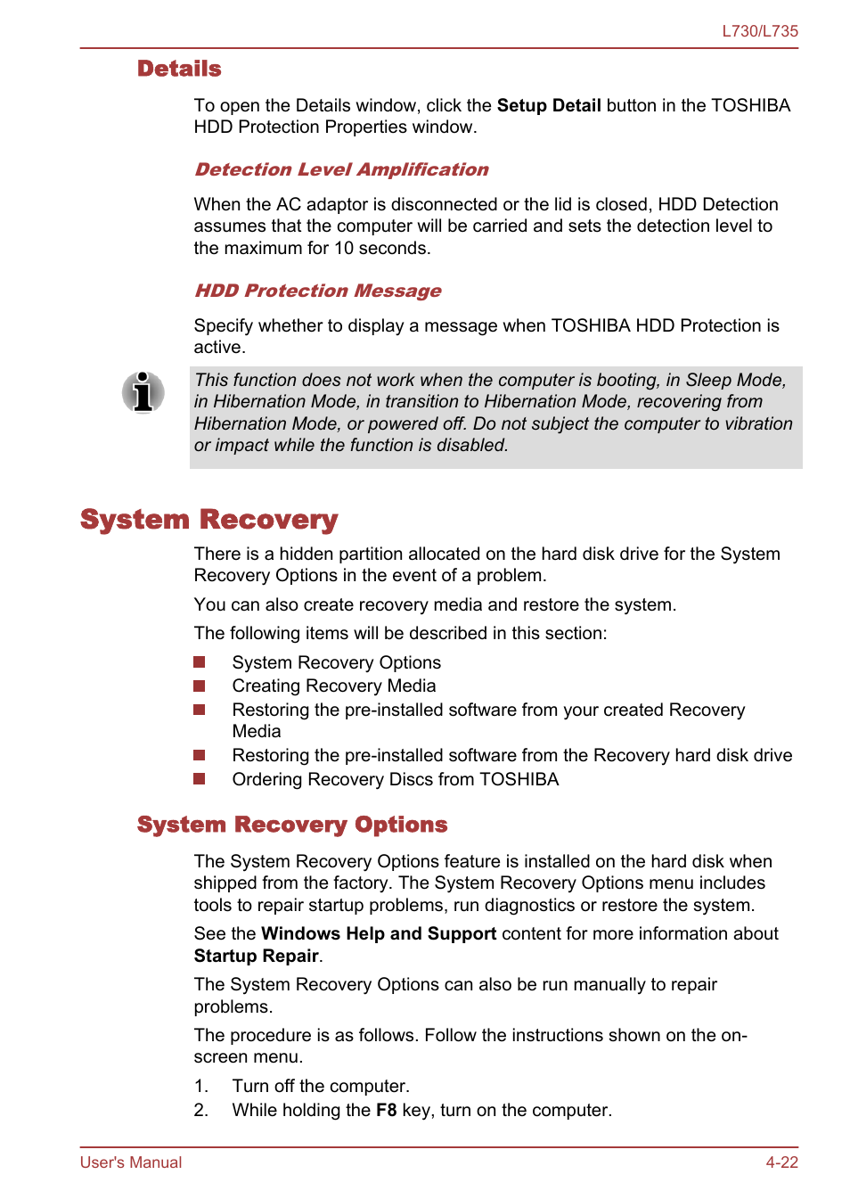 Details, System recovery, System recovery options | System recovery -22 | Toshiba Satellite L730 User Manual | Page 106 / 161