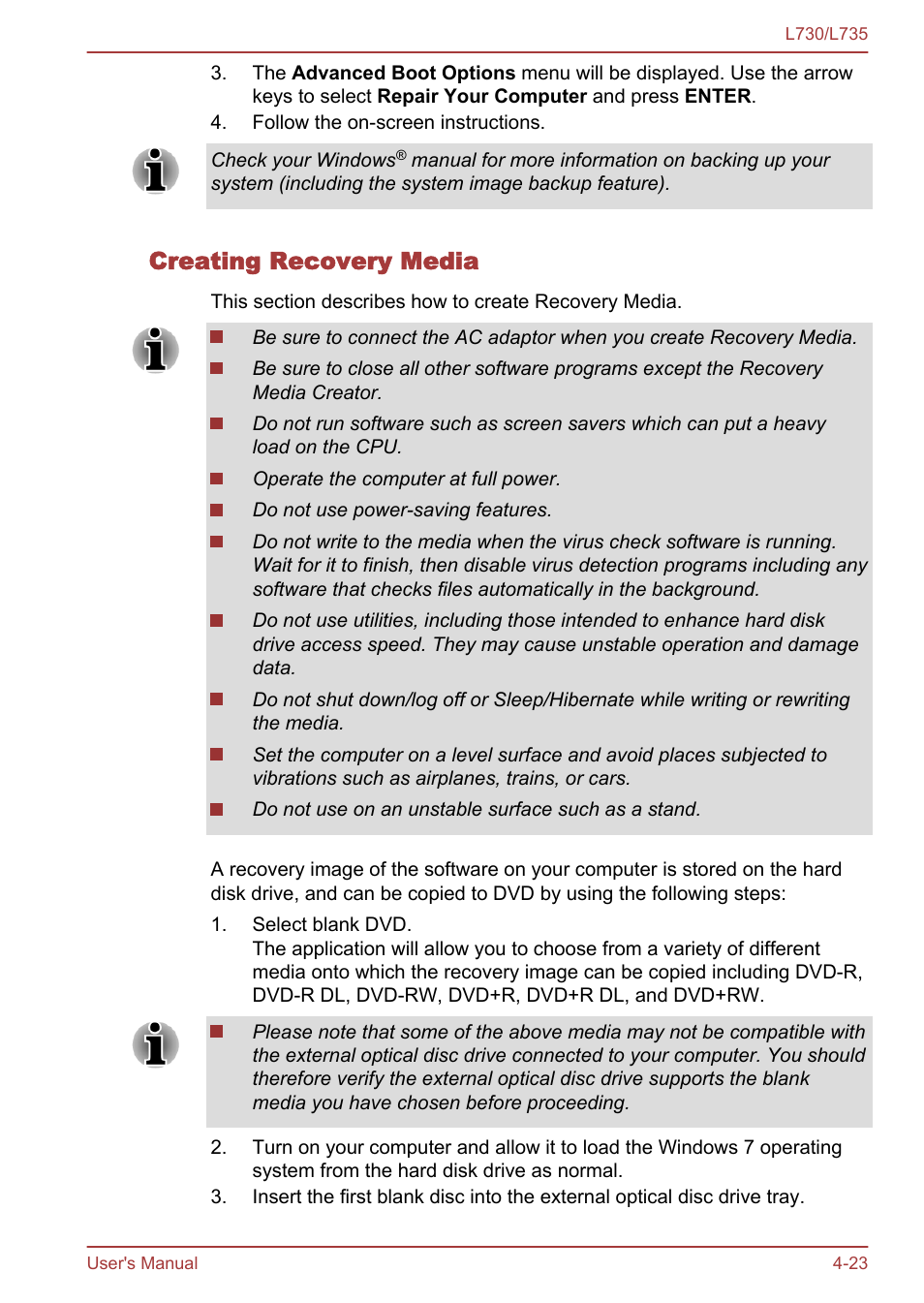 Creating recovery media | Toshiba Satellite L730 User Manual | Page 107 / 161