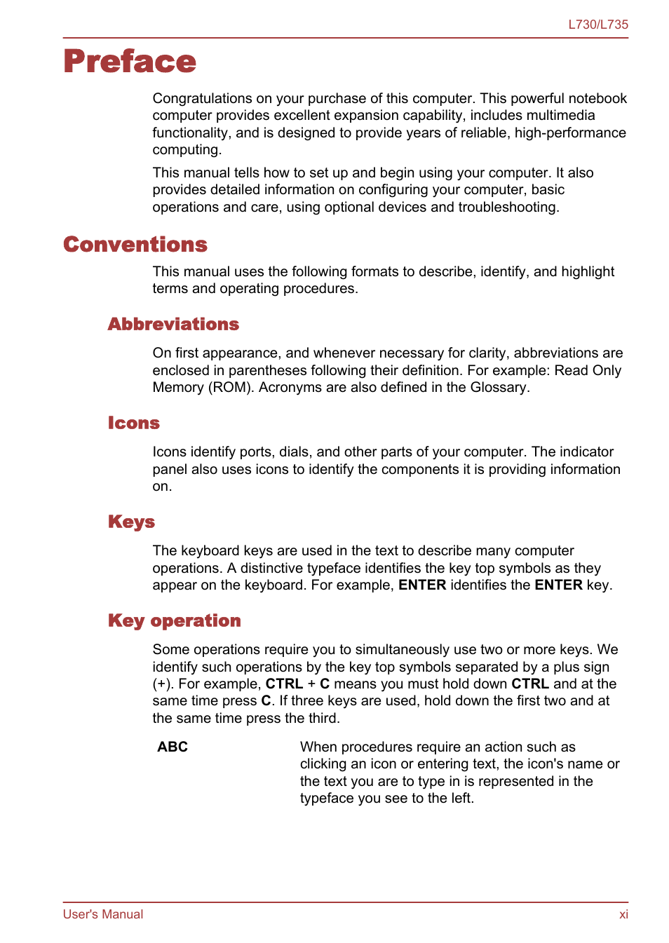 Preface, Conventions, Abbreviations | Icons, Keys, Key operation | Toshiba Satellite L730 User Manual | Page 11 / 161