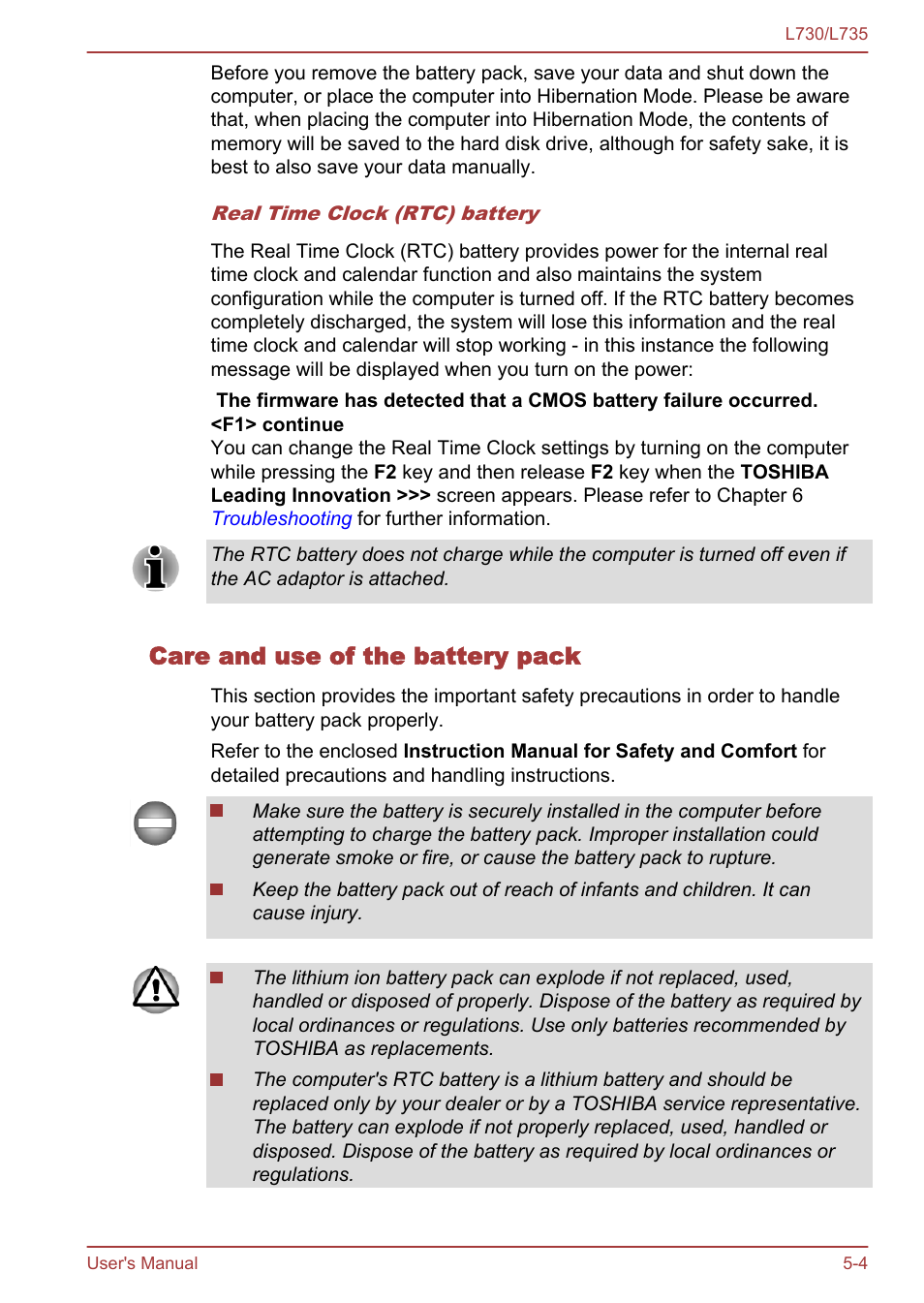 Care and use of the battery pack | Toshiba Satellite L730 User Manual | Page 114 / 161