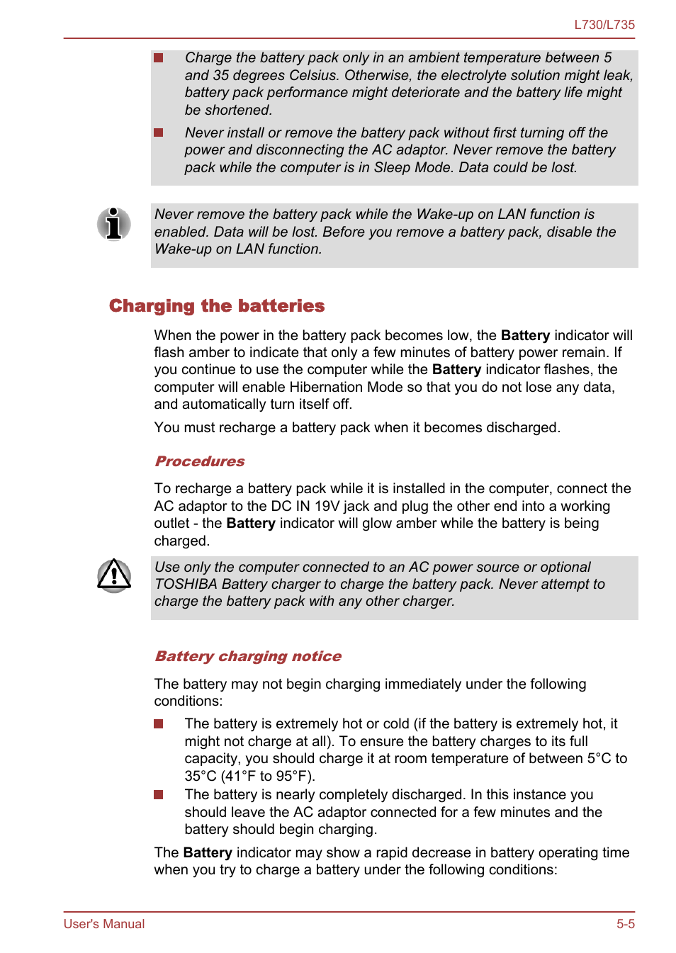 Charging the batteries | Toshiba Satellite L730 User Manual | Page 115 / 161