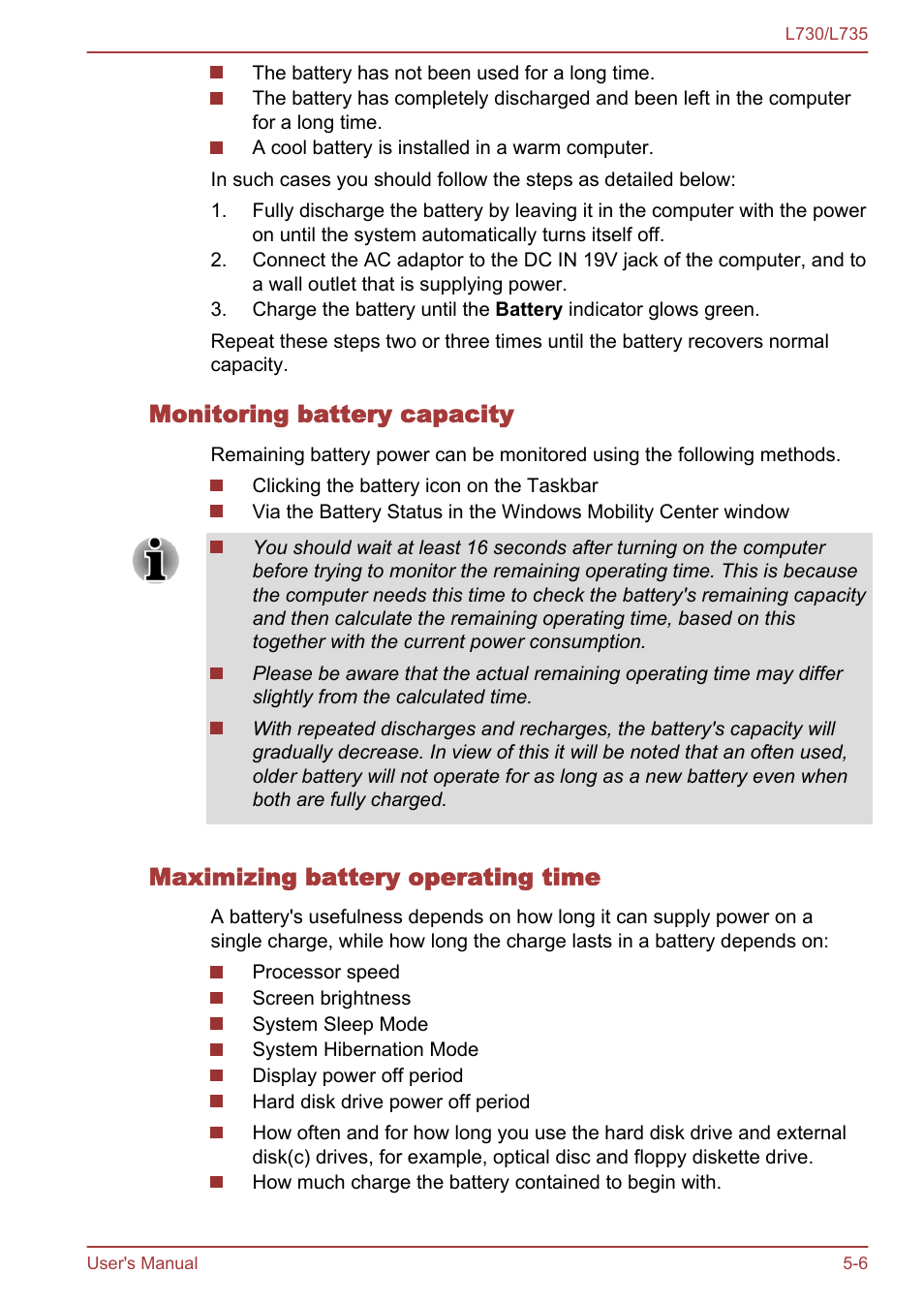Monitoring battery capacity, Maximizing battery operating time | Toshiba Satellite L730 User Manual | Page 116 / 161