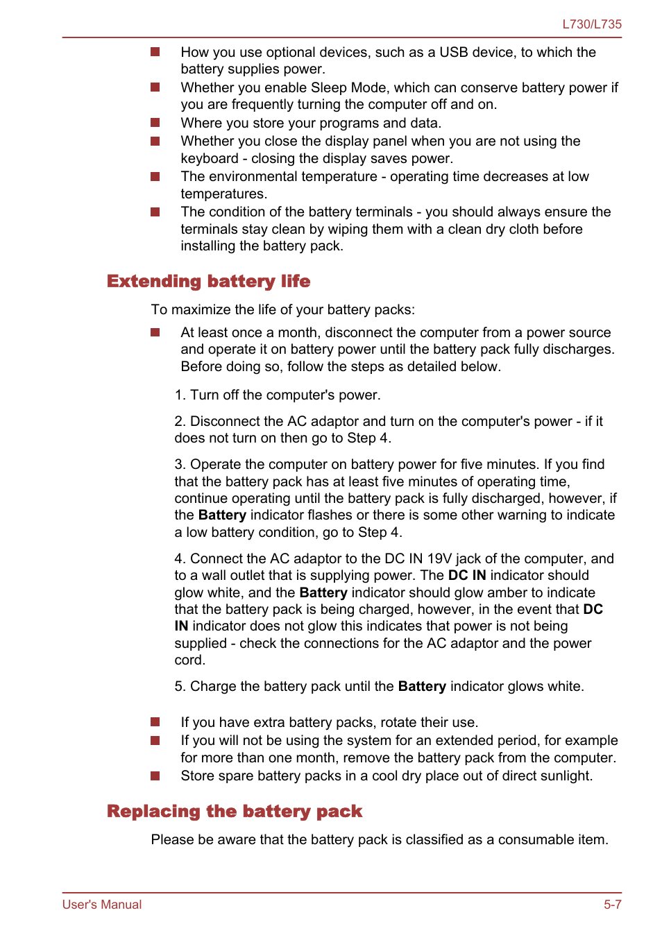 Extending battery life, Replacing the battery pack, Section in | Toshiba Satellite L730 User Manual | Page 117 / 161