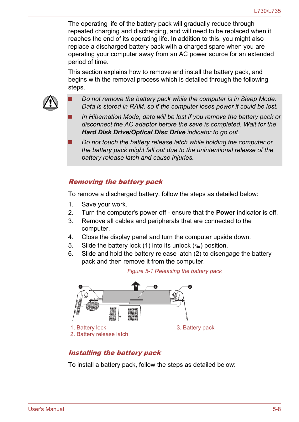 Removing the battery pack, Installing the battery pack | Toshiba Satellite L730 User Manual | Page 118 / 161