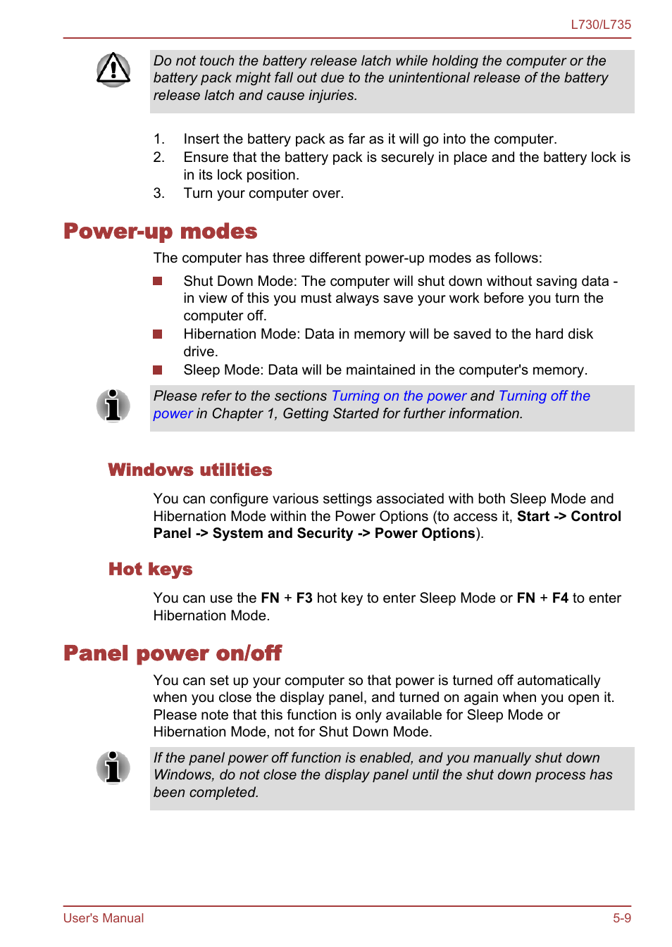 Power-up modes, Windows utilities, Hot keys | Panel power on/off, Power-up modes -9 panel power on/off -9 | Toshiba Satellite L730 User Manual | Page 119 / 161