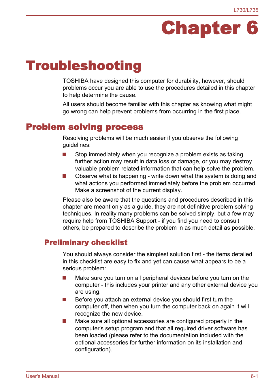 Chapter 6 troubleshooting, Problem solving process, Preliminary checklist | Chapter 6, Troubleshooting, Problem solving process -1 | Toshiba Satellite L730 User Manual | Page 121 / 161
