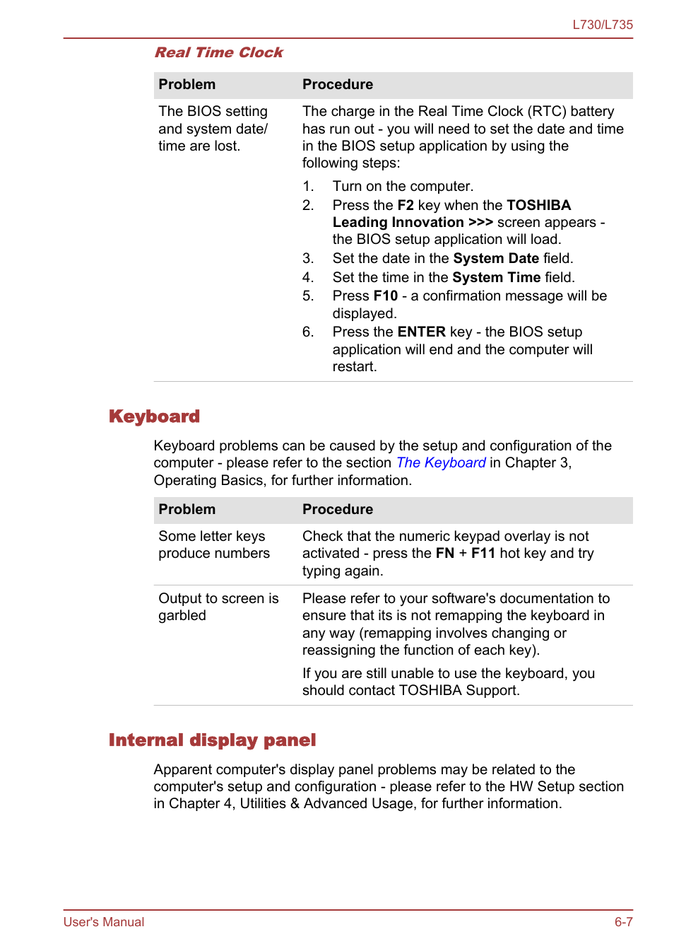 Keyboard, Internal display panel | Toshiba Satellite L730 User Manual | Page 127 / 161