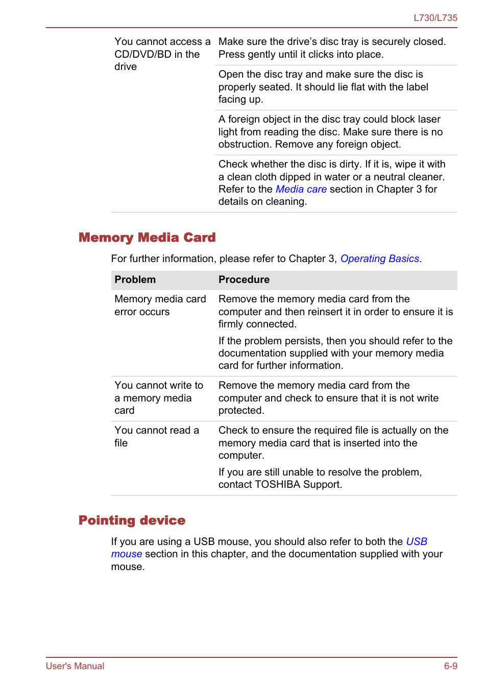 Memory media card, Pointing device | Toshiba Satellite L730 User Manual | Page 129 / 161