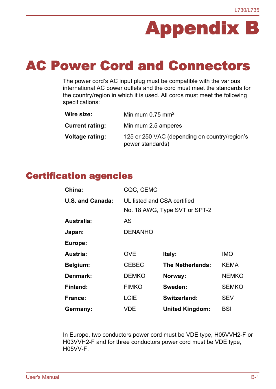 Appendix b ac power cord and connectors, Certification agencies, Appendix b | Ac power cord and connectors | Toshiba Satellite L730 User Manual | Page 141 / 161