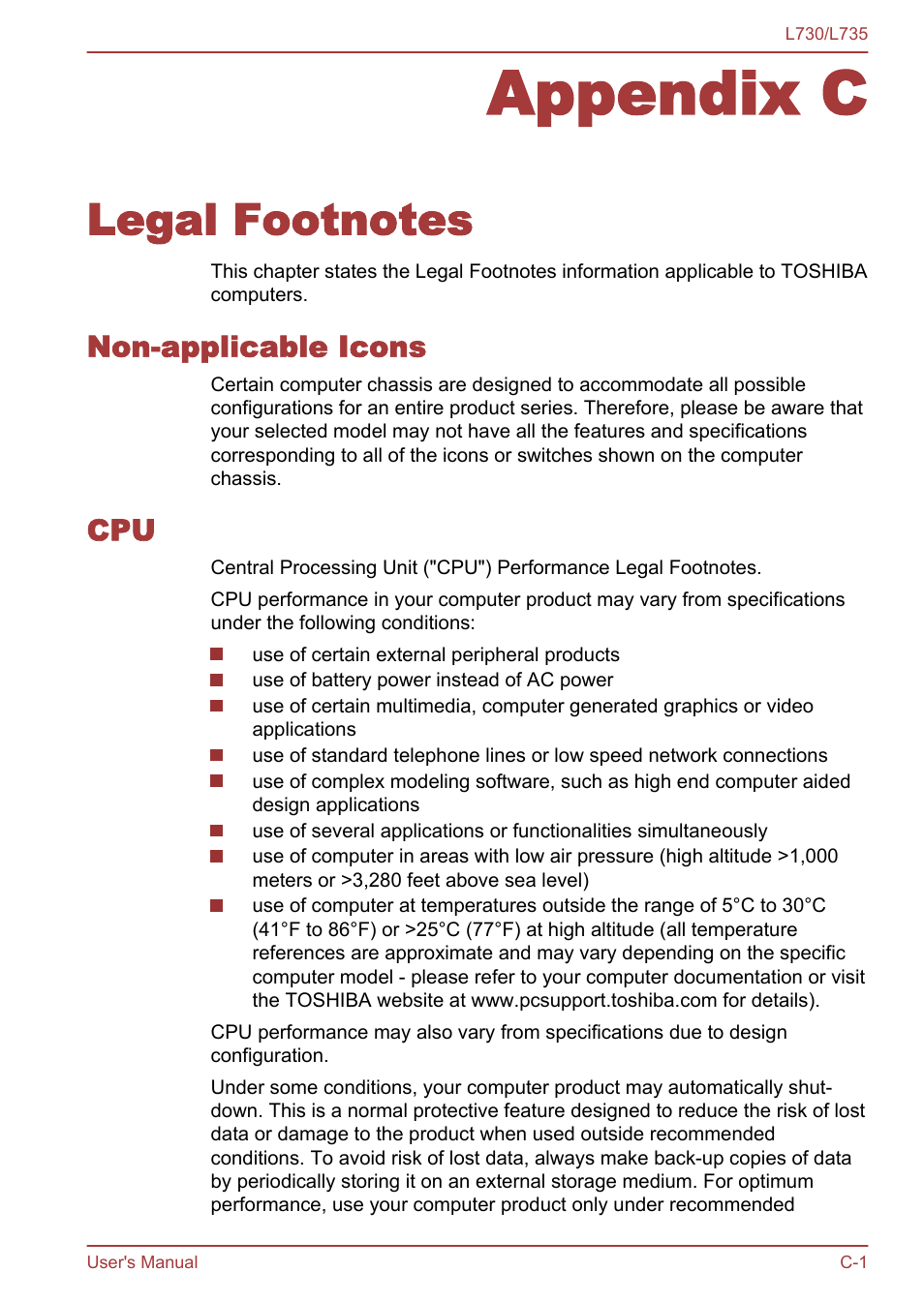 Appendix c legal footnotes, Non-applicable icons, Appendix c | Legal footnotes | Toshiba Satellite L730 User Manual | Page 143 / 161