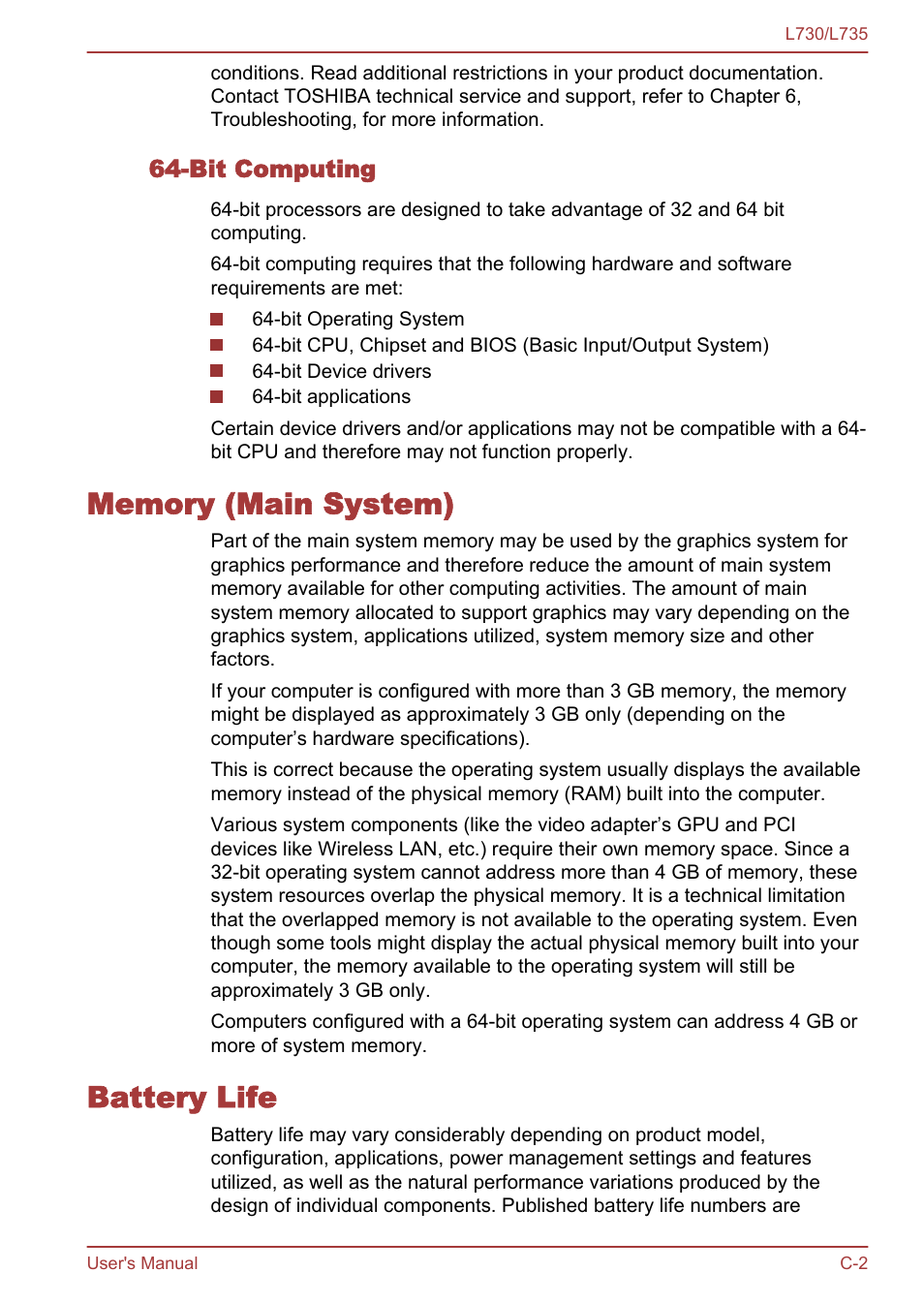 Bit computing, Memory (main system), Battery life | Toshiba Satellite L730 User Manual | Page 144 / 161