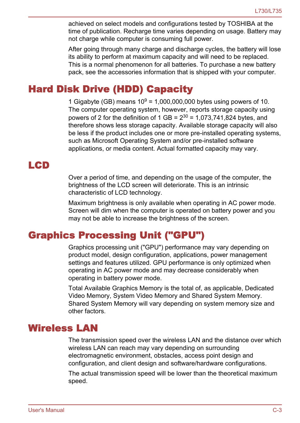 Hard disk drive (hdd) capacity, Graphics processing unit ("gpu"), Wireless lan | Toshiba Satellite L730 User Manual | Page 145 / 161