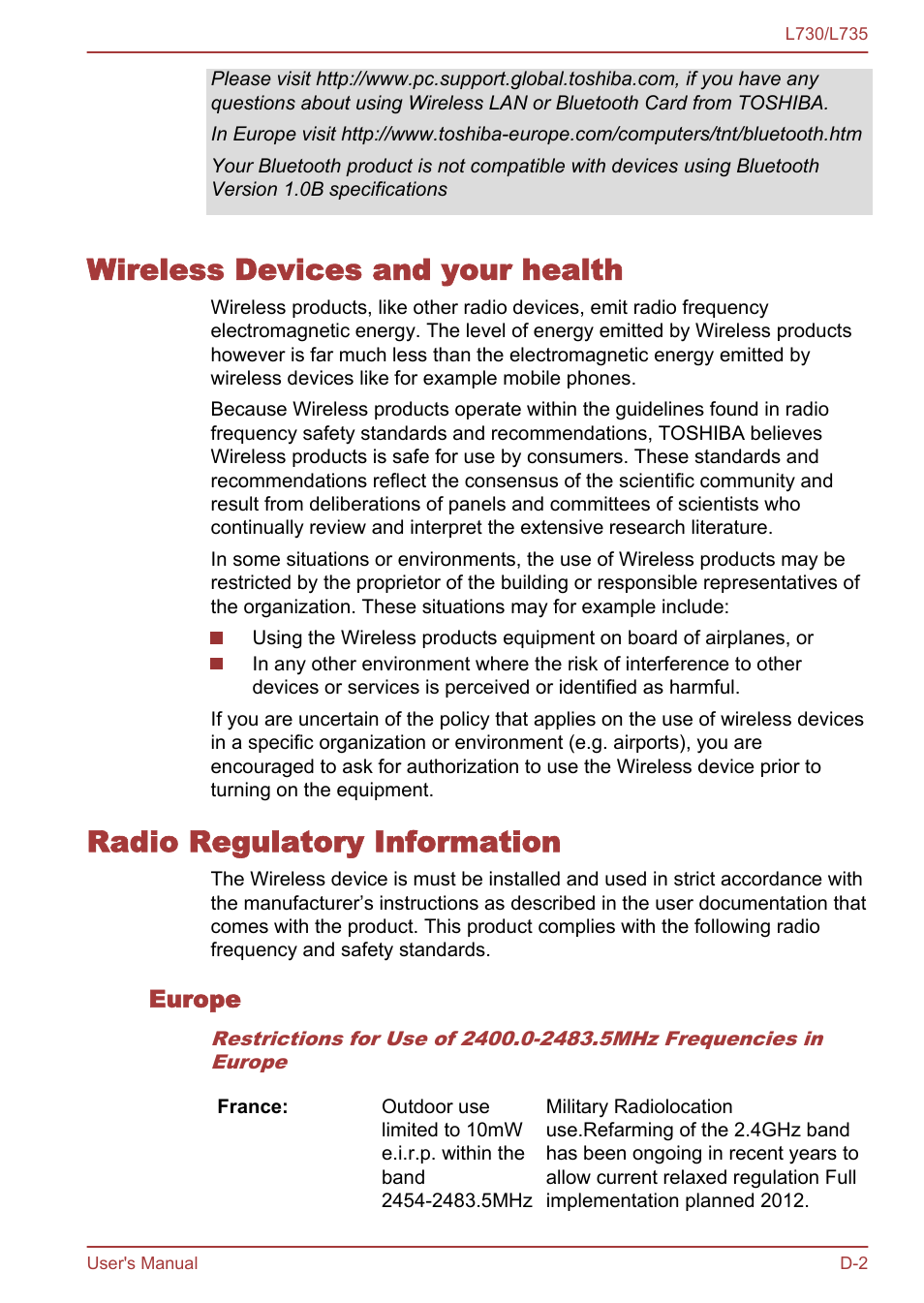 Wireless devices and your health, Radio regulatory information, Europe | Toshiba Satellite L730 User Manual | Page 148 / 161