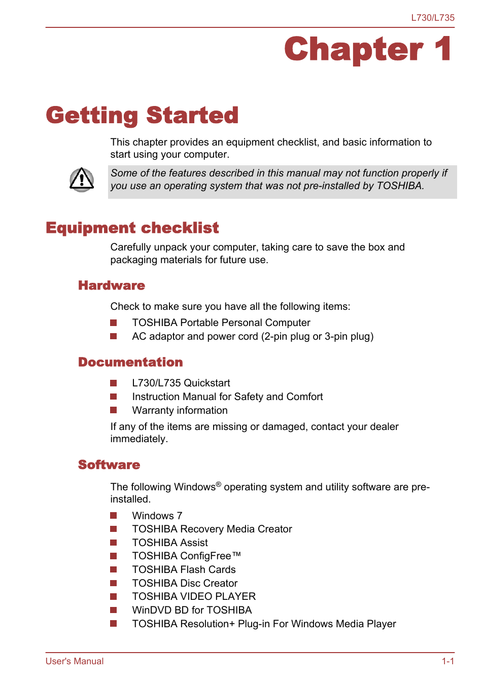 Chapter 1 getting started, Equipment checklist, Hardware | Documentation, Software, Chapter 1, Getting started, Equipment checklist -1 | Toshiba Satellite L730 User Manual | Page 15 / 161