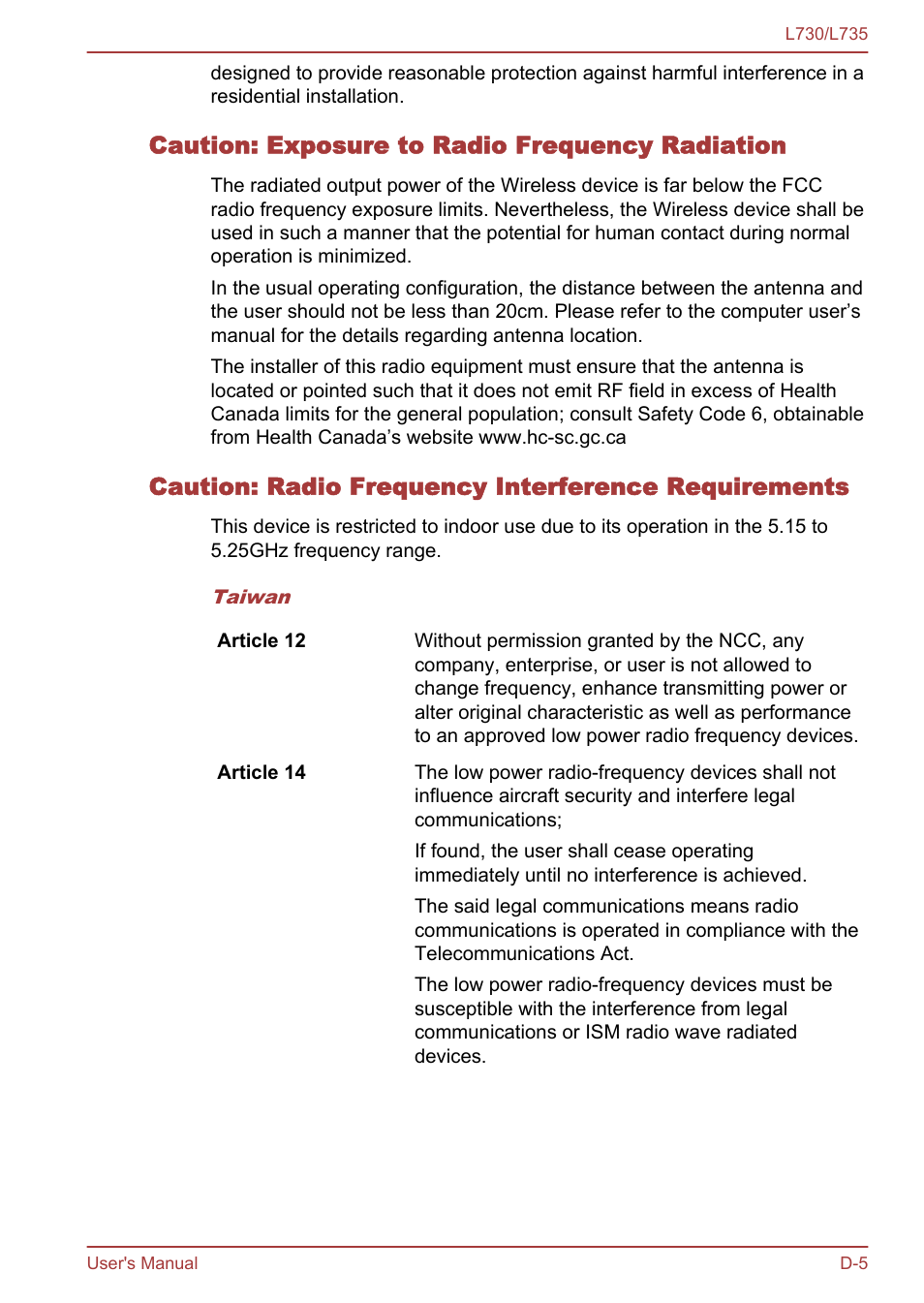 Caution: exposure to radio frequency radiation, Caution: radio frequency interference requirements | Toshiba Satellite L730 User Manual | Page 151 / 161