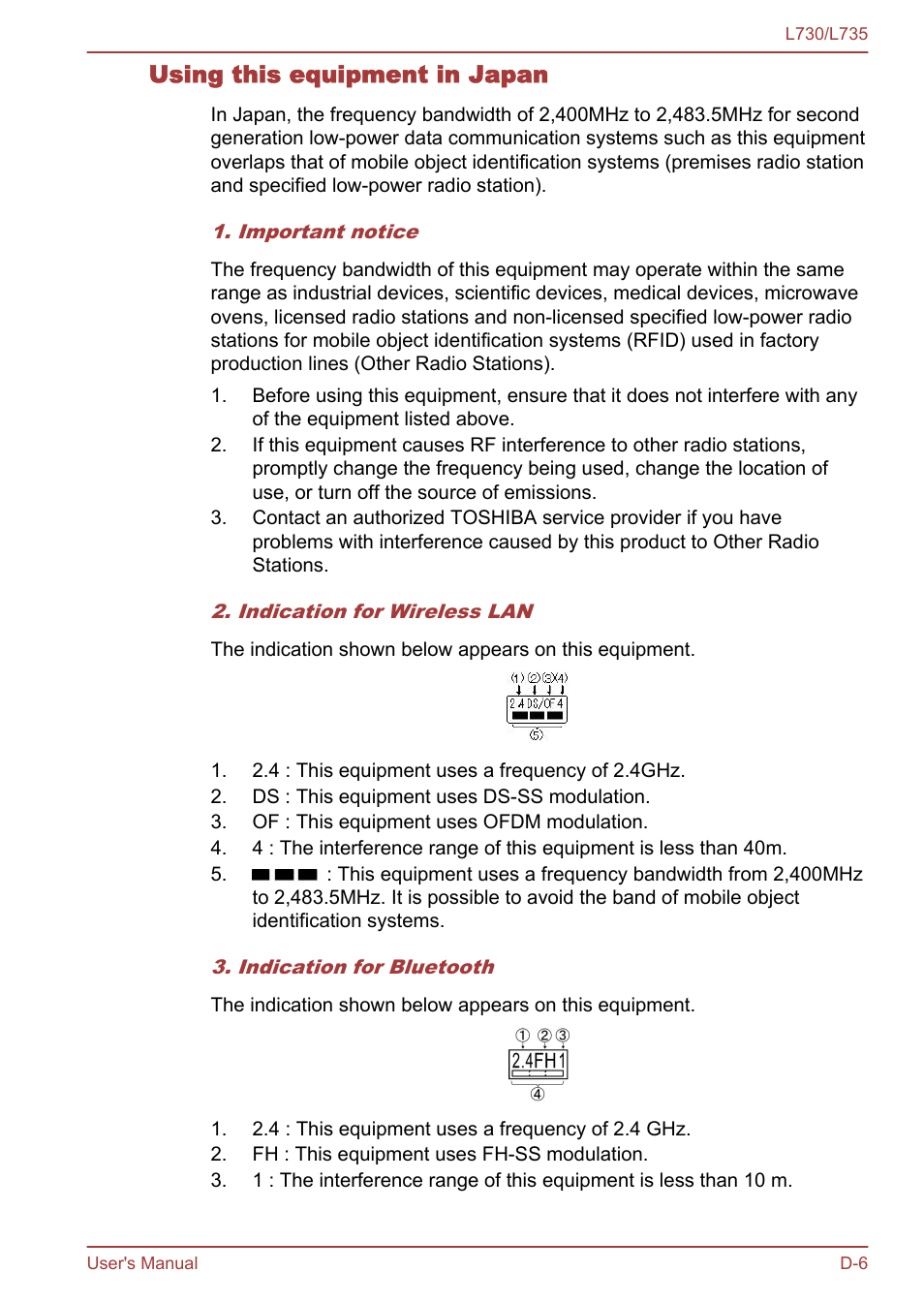 Using this equipment in japan | Toshiba Satellite L730 User Manual | Page 152 / 161