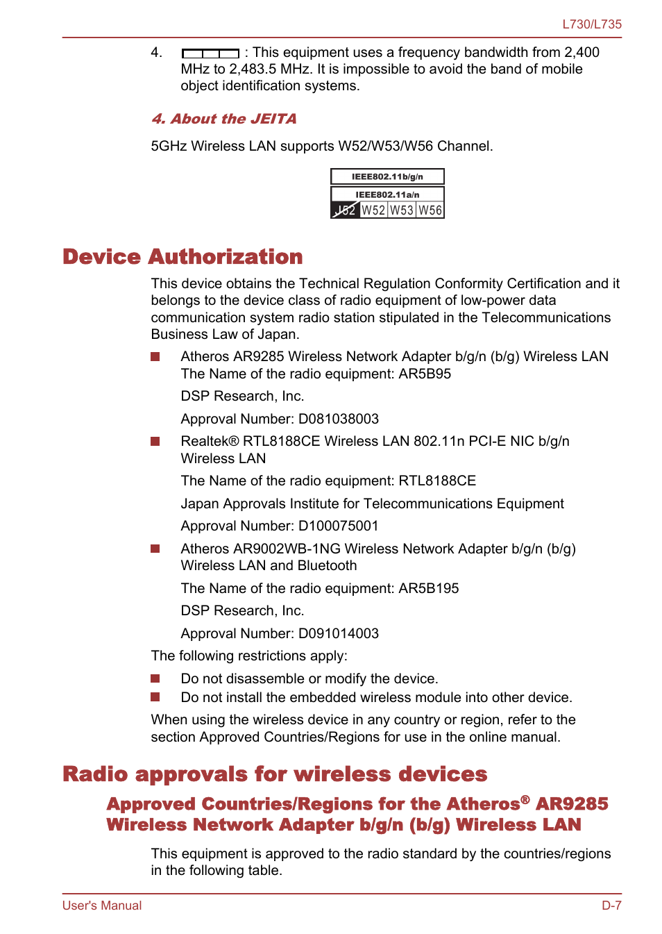 Device authorization, Radio approvals for wireless devices | Toshiba Satellite L730 User Manual | Page 153 / 161