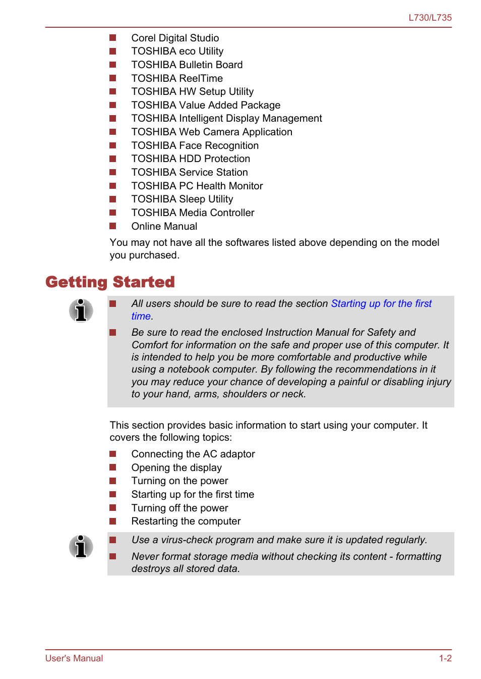 Getting started, Getting started -2 | Toshiba Satellite L730 User Manual | Page 16 / 161