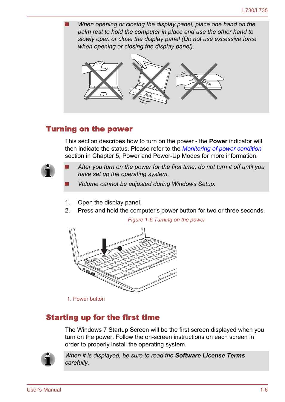 Turning on the power, Starting up for the first time | Toshiba Satellite L730 User Manual | Page 20 / 161