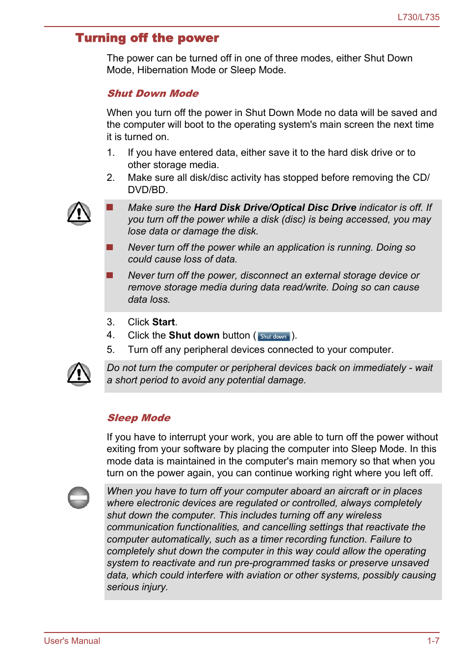 Turning off the power | Toshiba Satellite L730 User Manual | Page 21 / 161