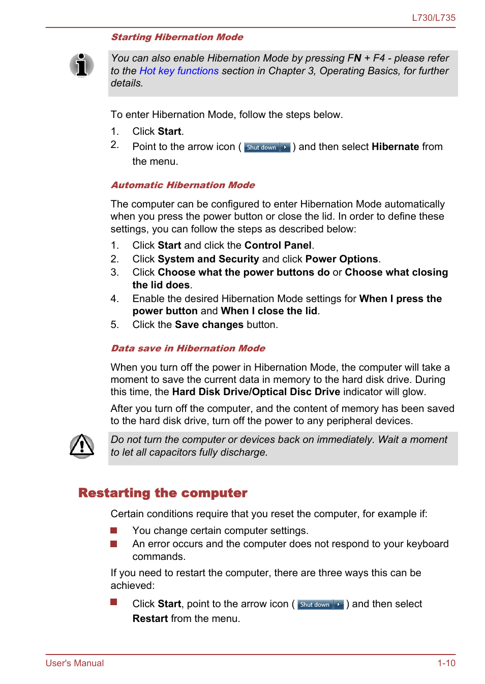 Restarting the computer | Toshiba Satellite L730 User Manual | Page 24 / 161