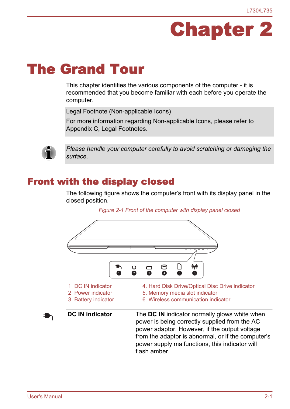 Chapter 2 the grand tour, Front with the display closed, Chapter 2 | The grand tour, Front with the display closed -1 | Toshiba Satellite L730 User Manual | Page 26 / 161